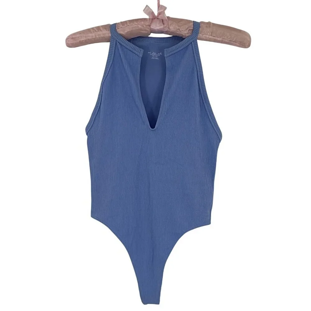 NWT UO Blue Ribbed Bodysuit XS/S High Neck V-Slit Thong • Modern Minimalist Y2K - Picture 1 of 16